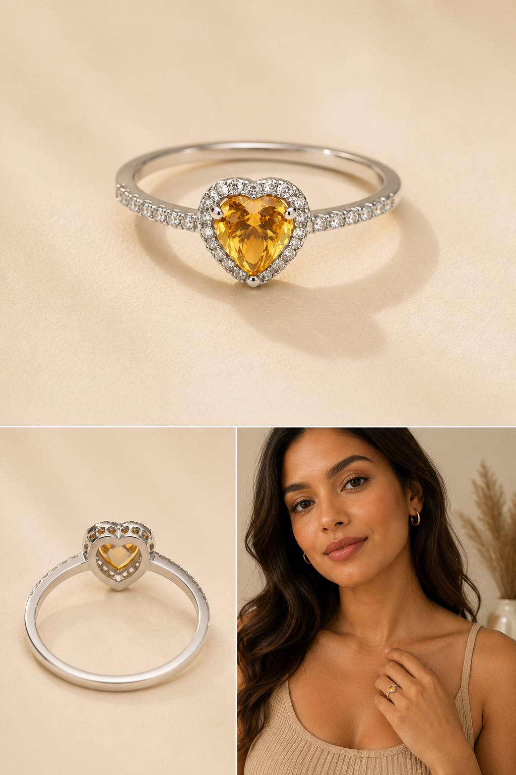 Olive skinned woman wearing a sterling silver heart cut yellow gemstone halo ring with pavé band in warm natural light.