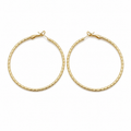 Pair of large gold filled diamond cut hoop earrings on a pure white background. Lightweight textured hoops with secure hinged closure, polished finish, and classic everyday design.