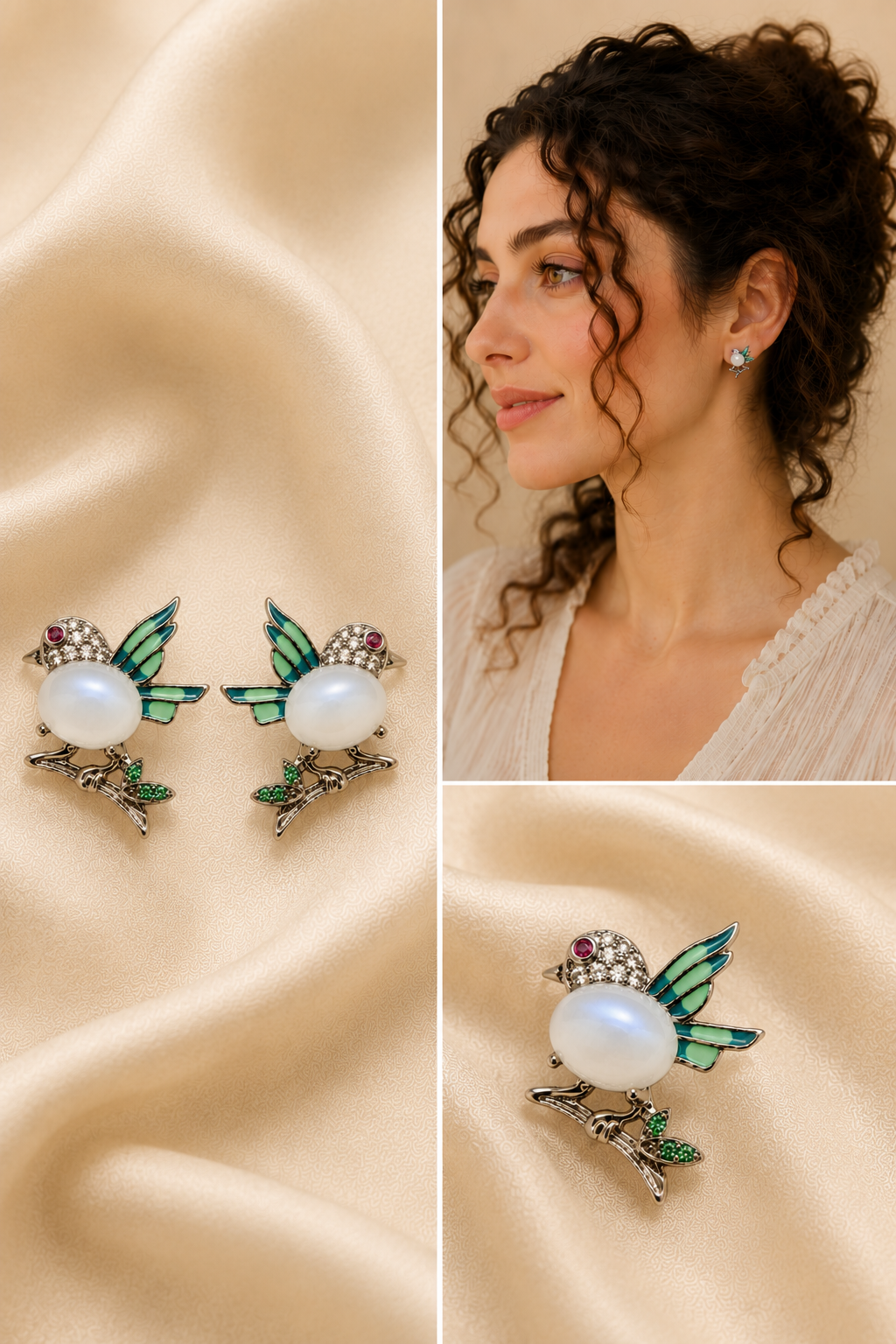 Lifestyle collage featuring Moonstone Songbird Stud Earrings with hand-painted mint green enamel wings, luminous moonstone cabochons, sparkling cubic zirconia accents, and a fair-skinned brunette model wearing the earrings against a soft cream background.