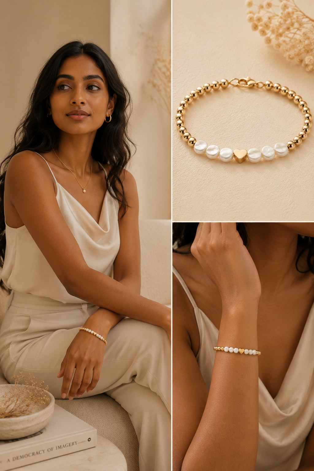 Lifestyle image of an elegant woman wearing the 18K gold filled Pearl Heart Beaded Bracelet featuring freshwater pearls, polished gold beads, and a heart centerpiece. Includes product, clasp detail, and bracelet close-up on a soft cream background.