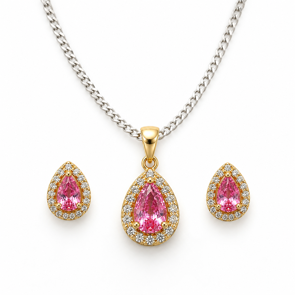 Pink teardrop halo jewelry set featuring a sterling silver curb chain necklace with a gold teardrop pendant and matching pink halo stud earrings on a pure white background.