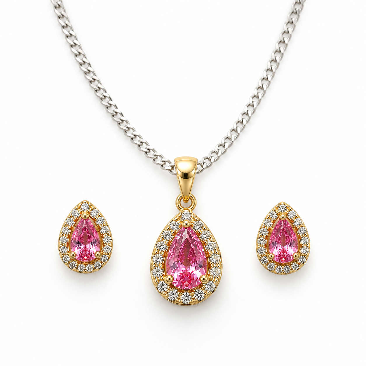 Pink teardrop halo jewelry set featuring a sterling silver curb chain necklace with a gold teardrop pendant and matching pink halo stud earrings on a pure white background.
