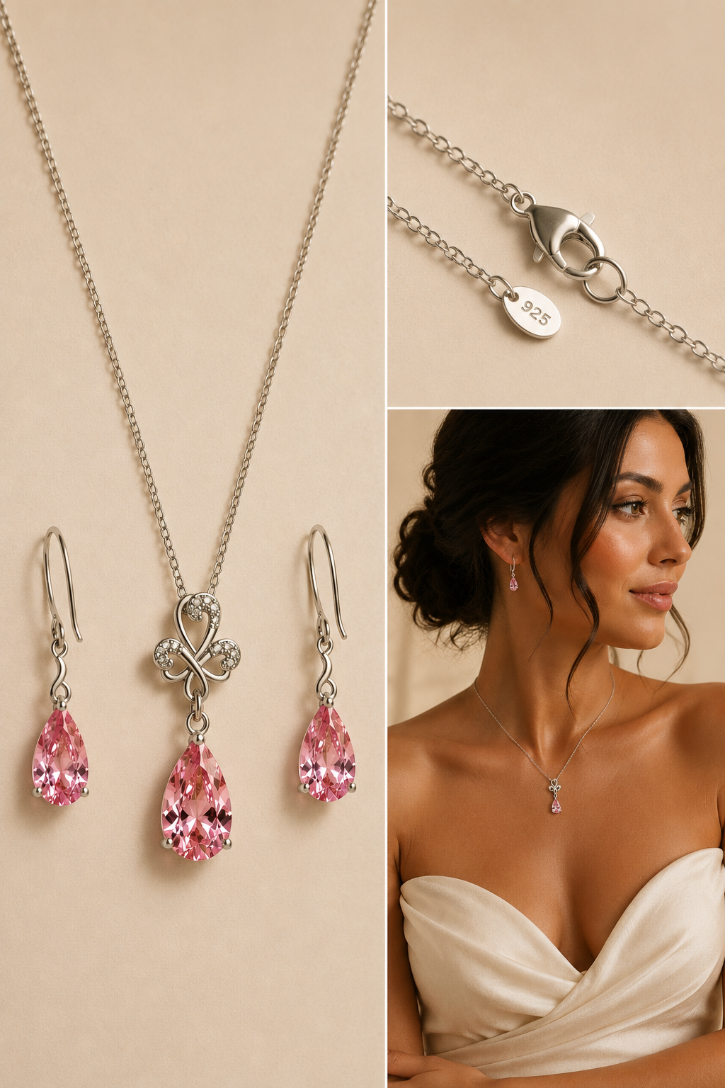 Three-image collage featuring a sterling silver pink teardrop necklace and matching earrings on a soft beige background, including a close-up of the lobster clasp with 925 tag and an olive-skinned model wearing the jewelry.