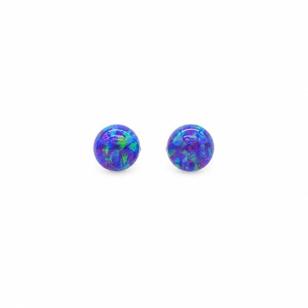Pair of 5mm purple synthetic opal ball stud earrings in 925 sterling silver with vibrant blue and green fire on a pure white background. Minimalist everyday gemstone earrings for women.