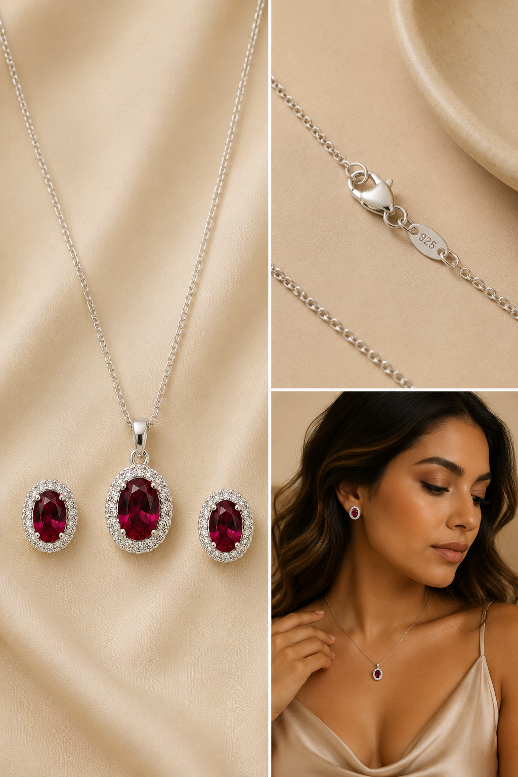 Three-image collage featuring a sterling silver necklace with a red oval halo pendant and matching stud earrings, a close-up of the sterling silver lobster clasp and chain, and an elegant Mexican woman with wavy hair wearing the jewelry against a warm cream beige studio background.