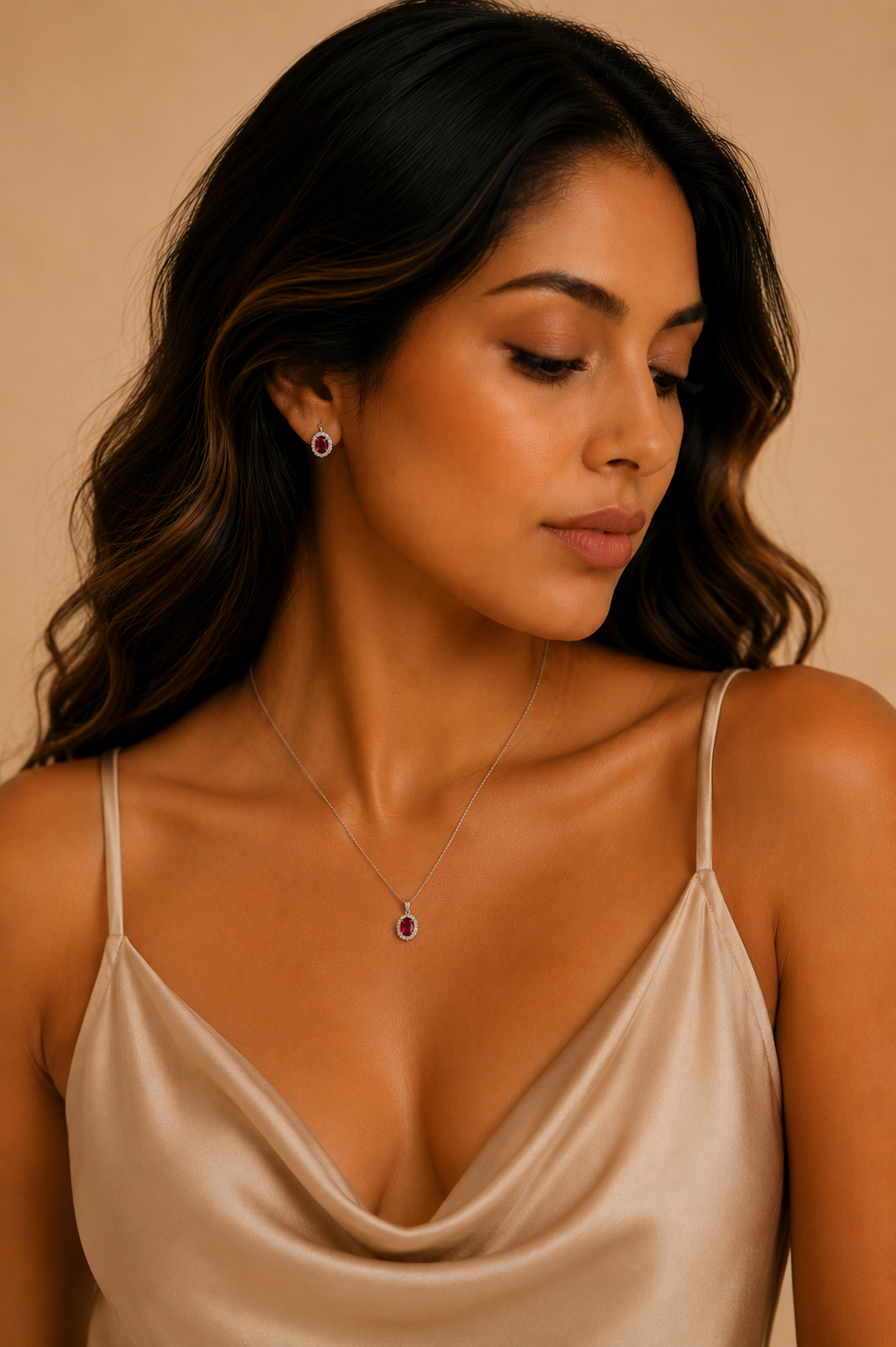 Elegant Mexican woman with wavy hair wearing a sterling silver necklace featuring a red oval halo pendant and matching stud earrings against a warm beige studio background.