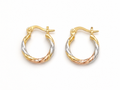 Pair of small tricolor gold filled hoop earrings with a diamond cut twisted texture featuring yellow gold, white gold, and rose gold tones on a white background. Lightweight everyday hinged hoop earrings.