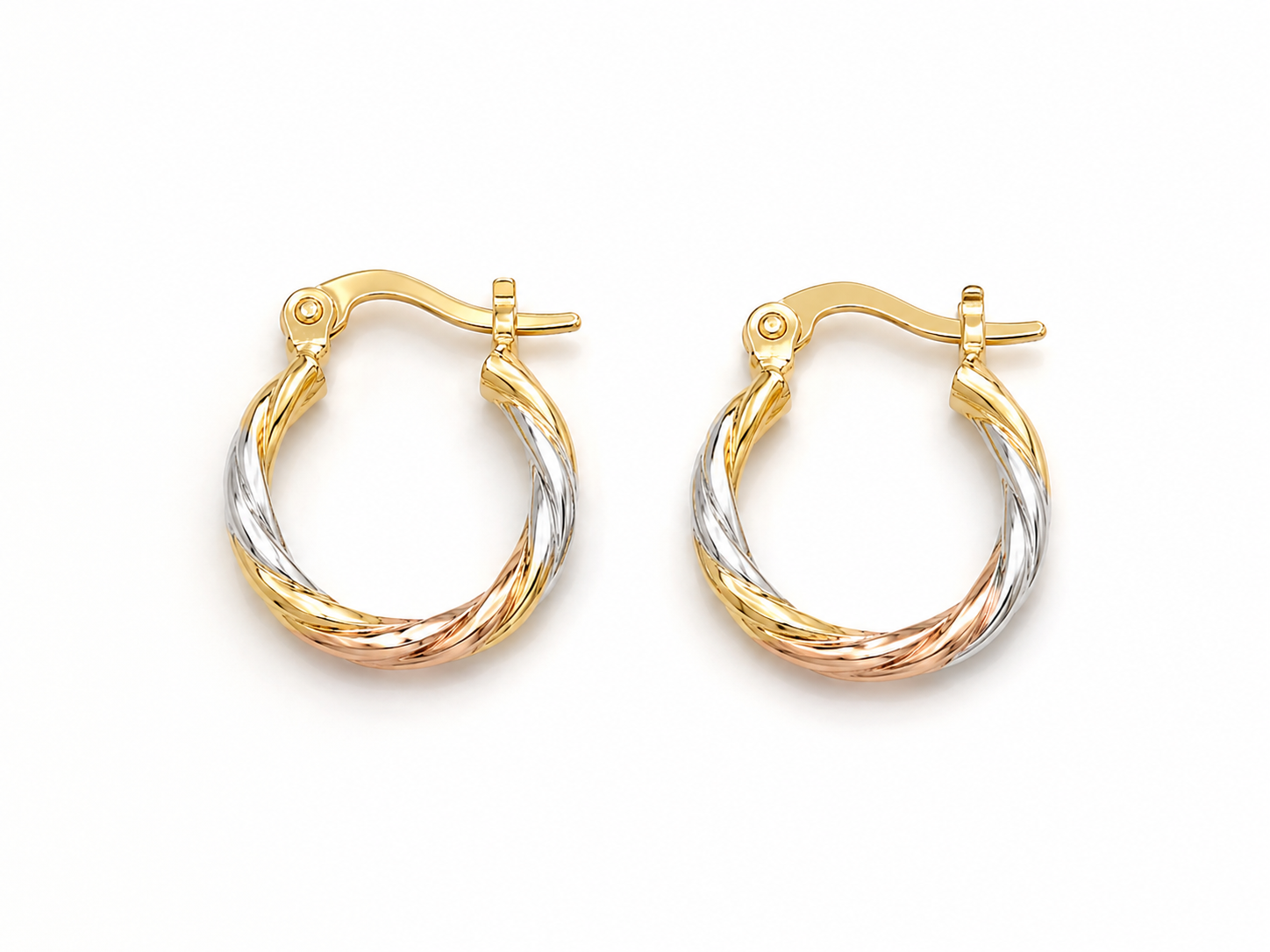 Pair of small tricolor gold filled hoop earrings with a diamond cut twisted texture featuring yellow gold, white gold, and rose gold tones on a white background. Lightweight everyday hinged hoop earrings.