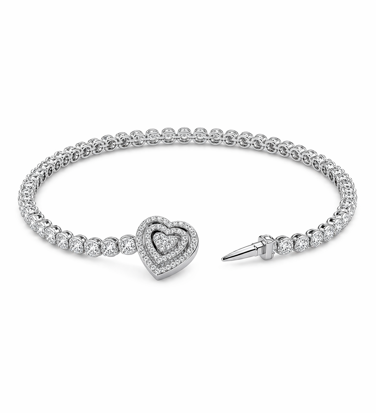 Sterling Silver Heart Charm Bracelet (7”, Pavé CZ Heart)