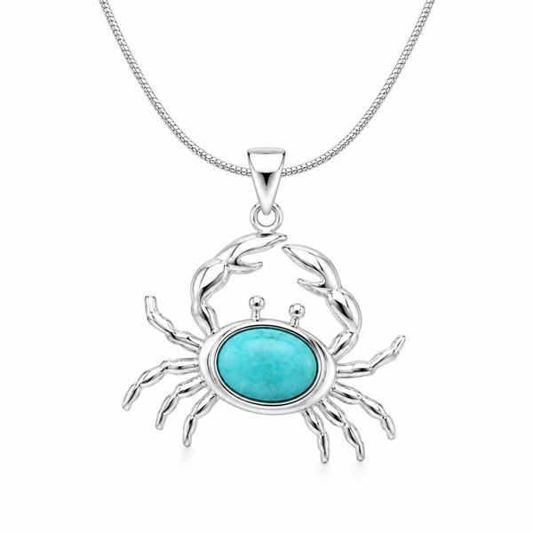 Sterling silver crab necklace featuring a genuine oval amazonite gemstone pendant on a polished sterling silver snake chain, centered on a pure white background with a soft U-shaped chain. Ocean-inspired gemstone jewelry for women.