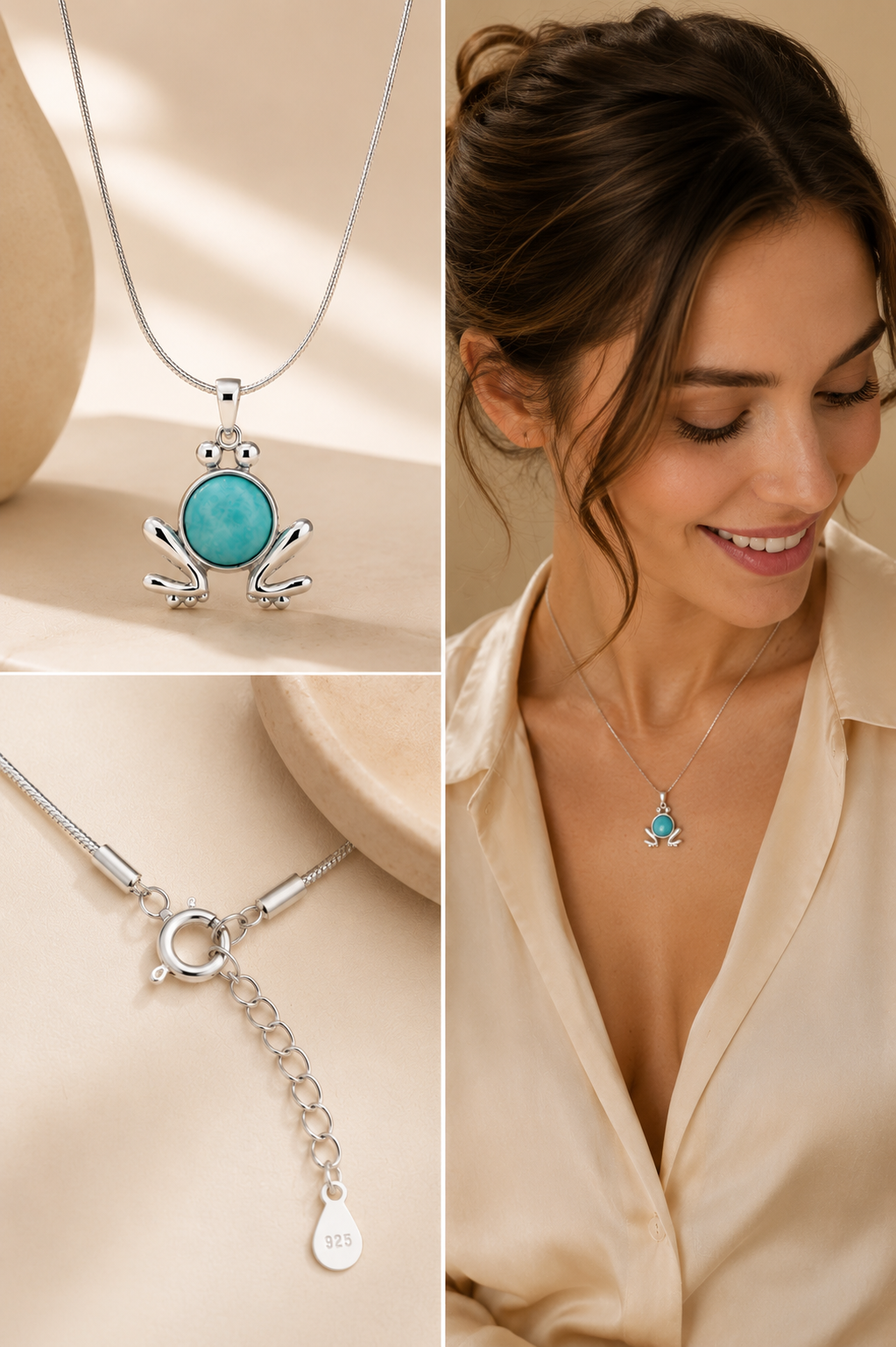 Three-panel product collage featuring a sterling silver amazonite frog necklace. Includes a front product view, a close-up of the sterling silver clasp and extender chain, and a lifestyle portrait of a woman wearing the nature-inspired gemstone necklace against Mancerat's warm cream and beige luxury background.