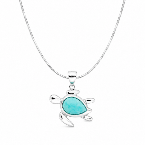 Sterling silver sea turtle necklace featuring a genuine amazonite gemstone pendant on a polished sterling silver snake chain, centered on a pure white background with a soft U-shaped chain. Nature-inspired gemstone jewelry for women.