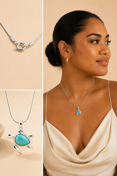Three-panel jewelry collage featuring a sterling silver sea turtle necklace with a genuine amazonite gemstone pendant. Includes a front product view, a close-up of the sterling silver lobster clasp, and a Samoan-inspired woman wearing the necklace against a warm beige studio background in an elegant cream satin top