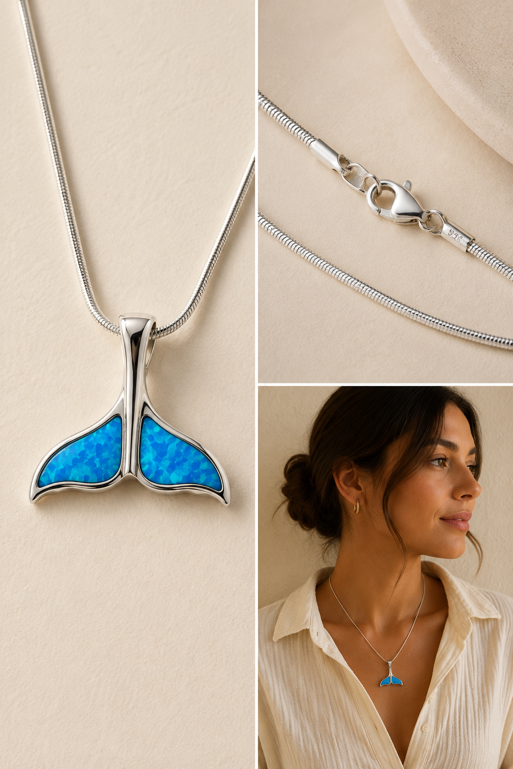 Three-image collage featuring a sterling silver blue synthetic opal whale tail necklace on a polished snake chain, including a close-up of the pendant, lobster clasp detail, and a lifestyle portrait of a fair olive-skinned woman wearing the necklace against a warm beige studio background.