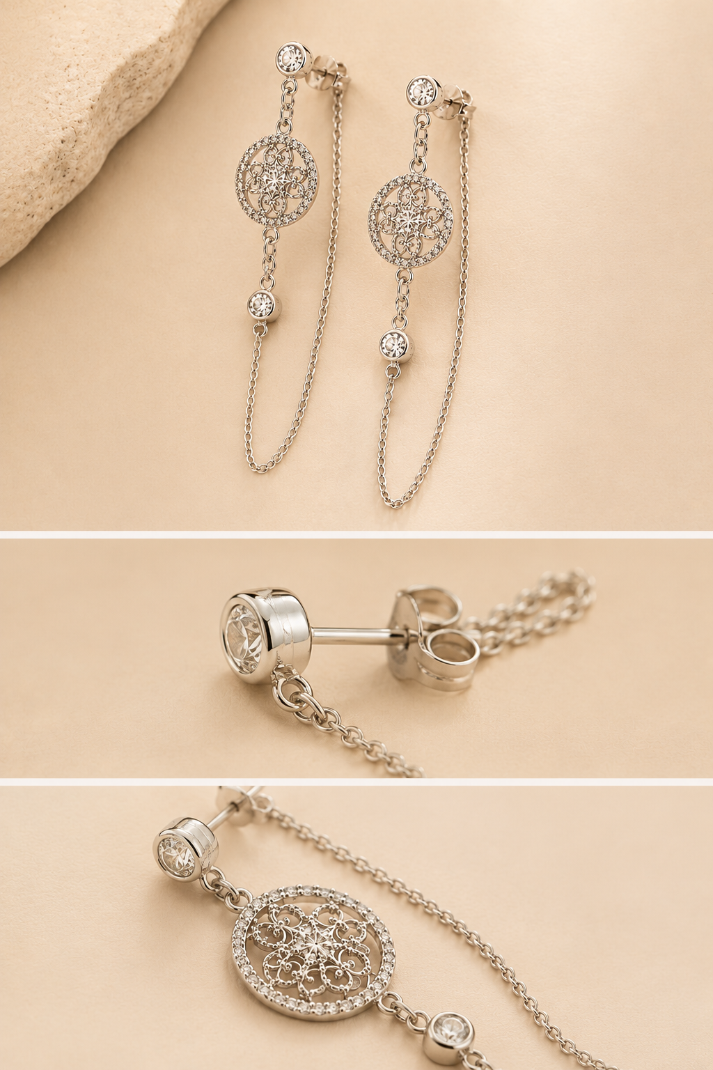 Sterling silver CZ filigree drop earrings with round crystal accents, delicate chain backs and butterfly closures on a soft cream background.
