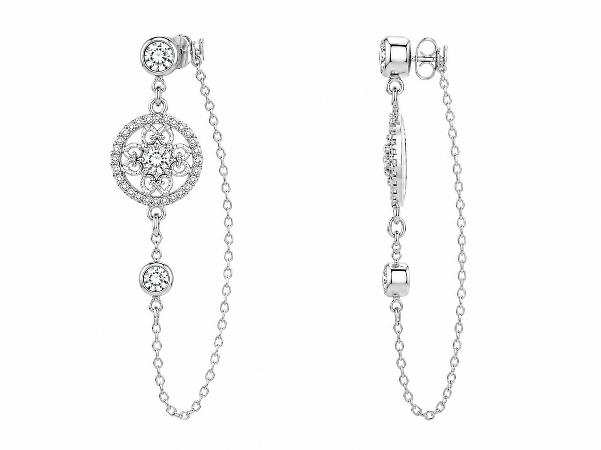Sterling silver CZ drop earrings with round filigree pendants, bezel set stones and delicate chains connecting to butterfly backs.