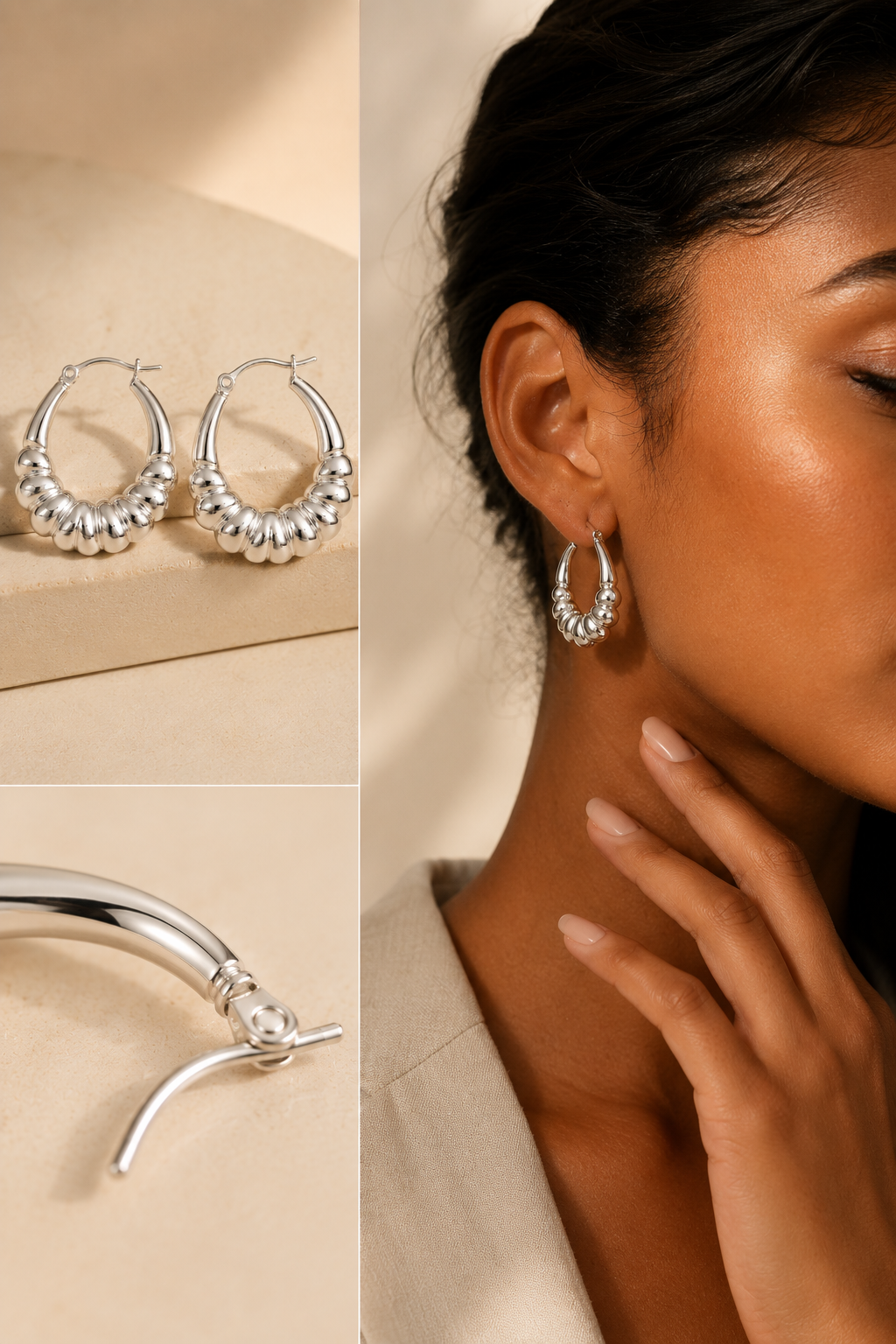 Jewelry collage featuring sterling silver chunky ribbed hoop earrings, a close up of the hinged clasp, and a brown skinned model wearing the polished statement hoop earrings on a soft cream background.