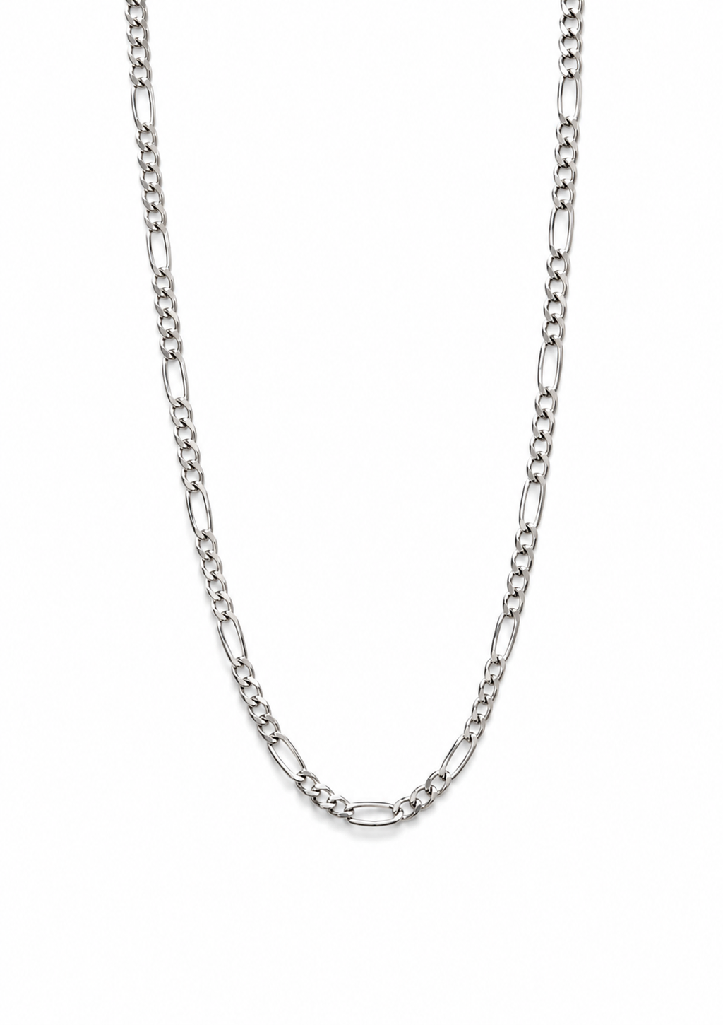 Sterling silver Figaro chain necklace with alternating polished oval and round links displayed on a pure white background in a soft U shape.
