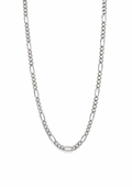 Sterling silver Figaro chain necklace with alternating polished oval and round links displayed on a pure white background in a soft U shape.