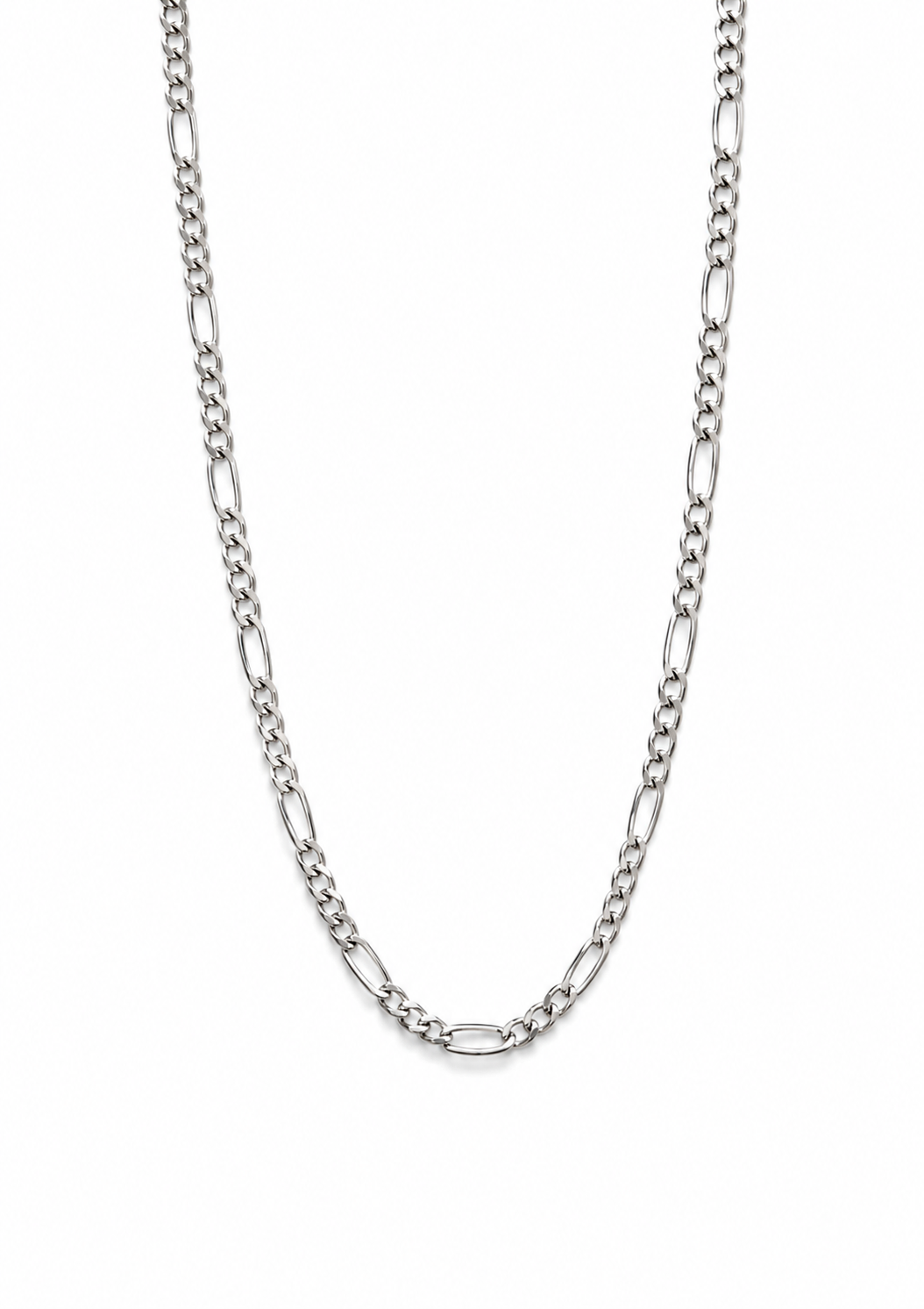 Sterling silver Figaro chain necklace with alternating polished oval and round links displayed on a pure white background in a soft U shape.