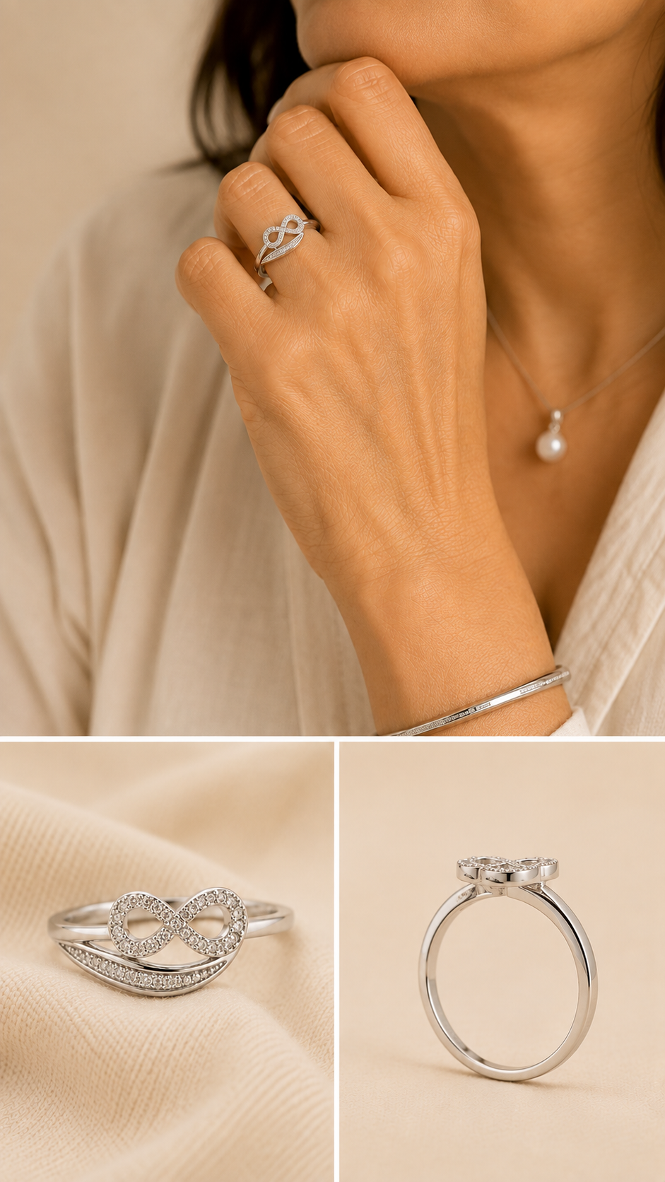 Sterling silver infinity ring with diamond accents shown worn on the hand and in detailed front and side views on a soft cream background.