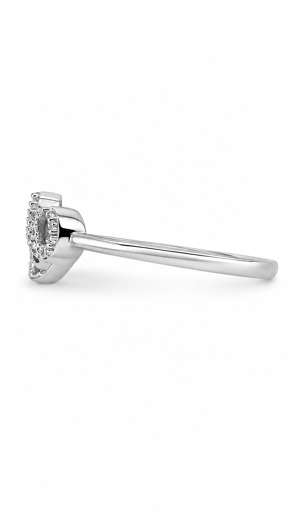Side profile of a sterling silver infinity ring with diamond accents, polished band, and raised infinity setting on a white background.