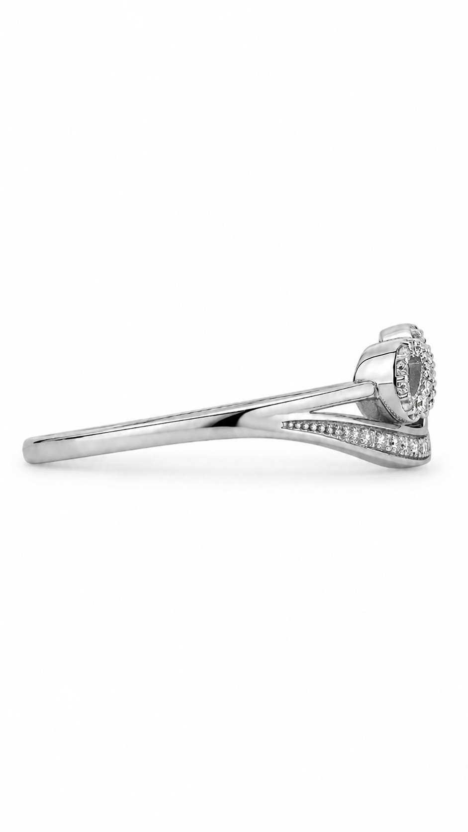 Side view of a sterling silver infinity ring with sparkling diamond accents and polished curved band on a white background