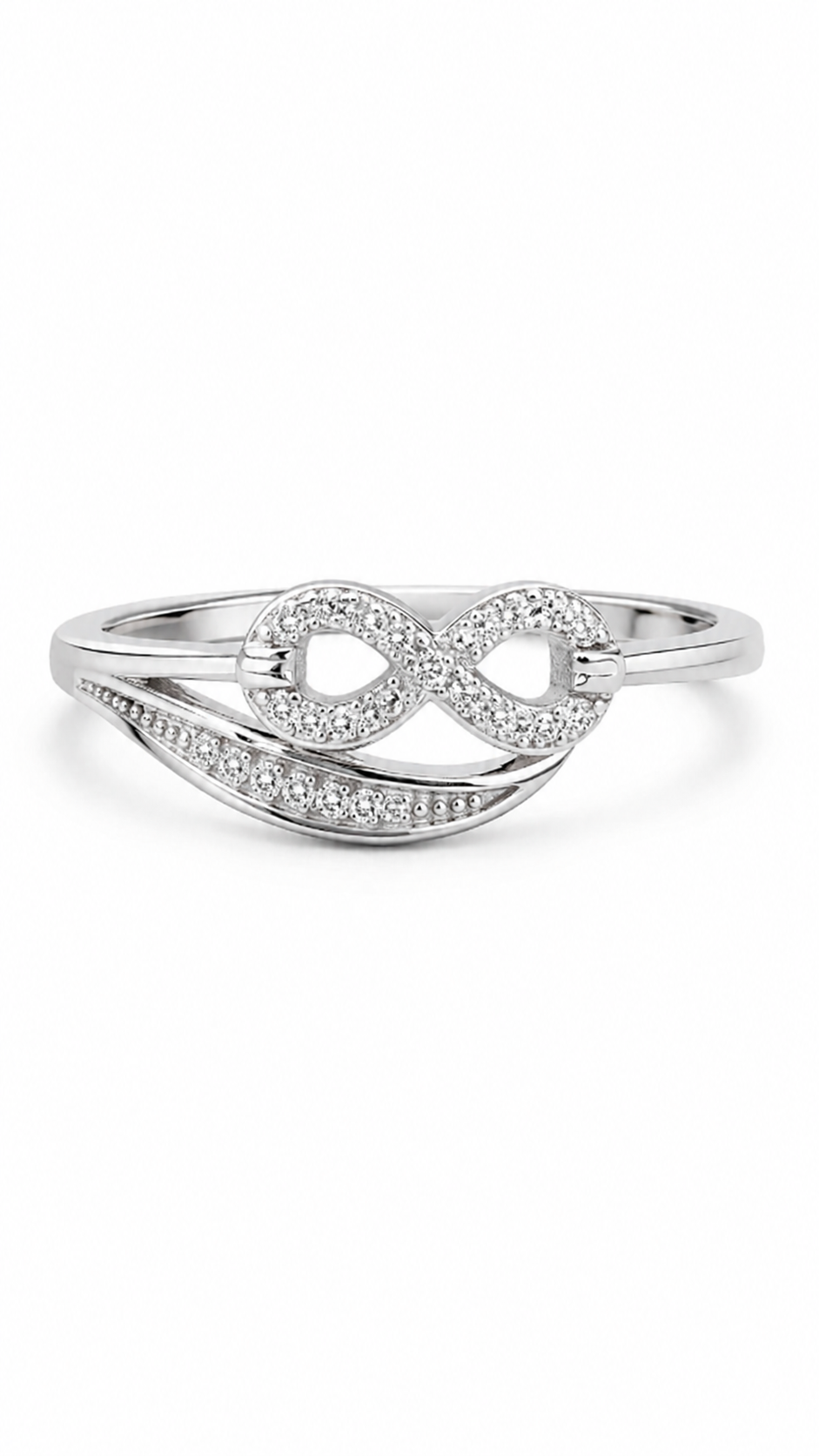 Sterling silver infinity ring with sparkling diamond accents and curved pavé design, photographed on a clean white background.