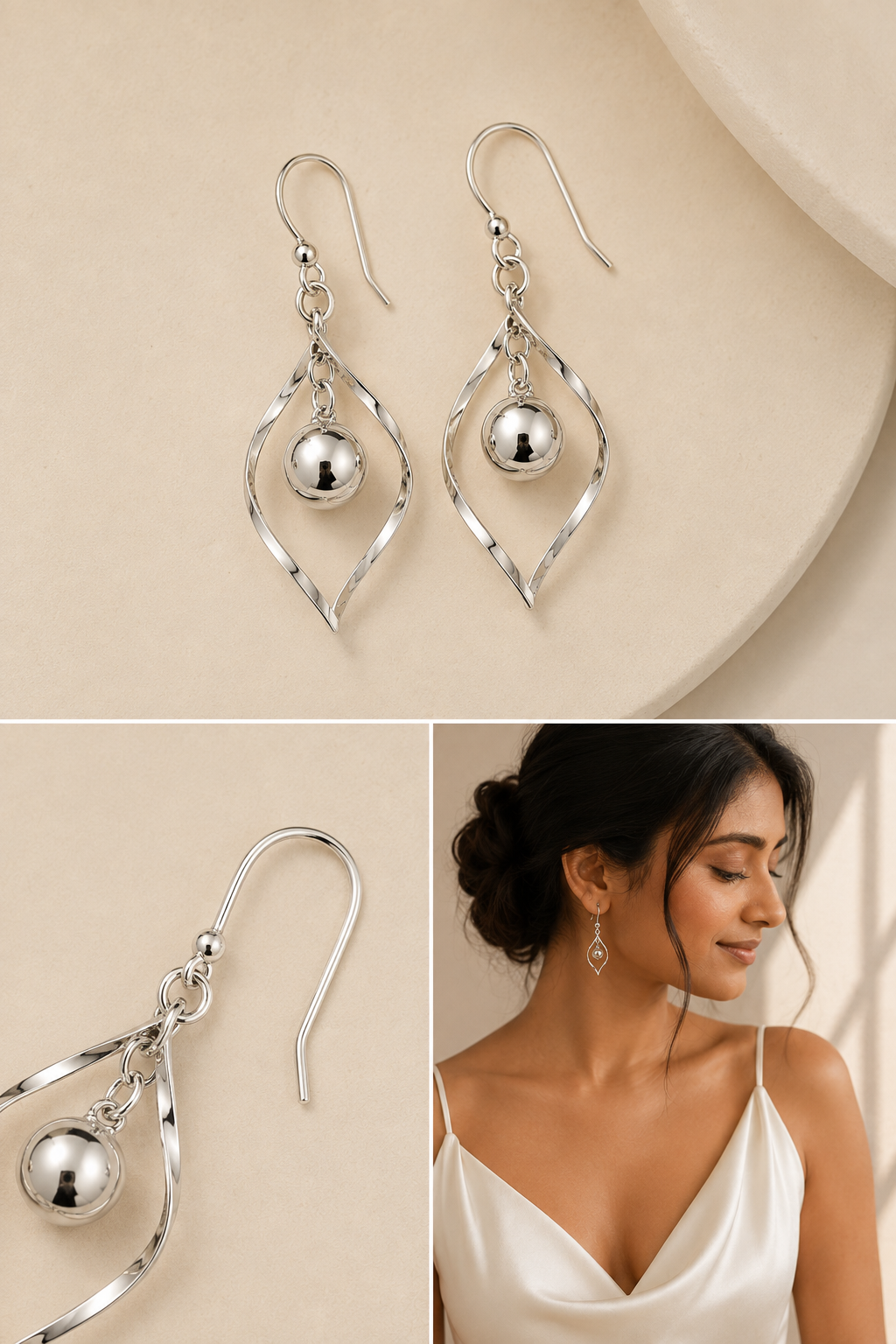 Three-image set featuring sterling silver modern drop earrings with polished floating silver ball details, a close-up of the French hook closure, and an elegant Indian woman wearing the earrings with a white satin top against a warm cream background. Minimalist sterling silver earrings for weddings, bridal events, and everyday elegance.