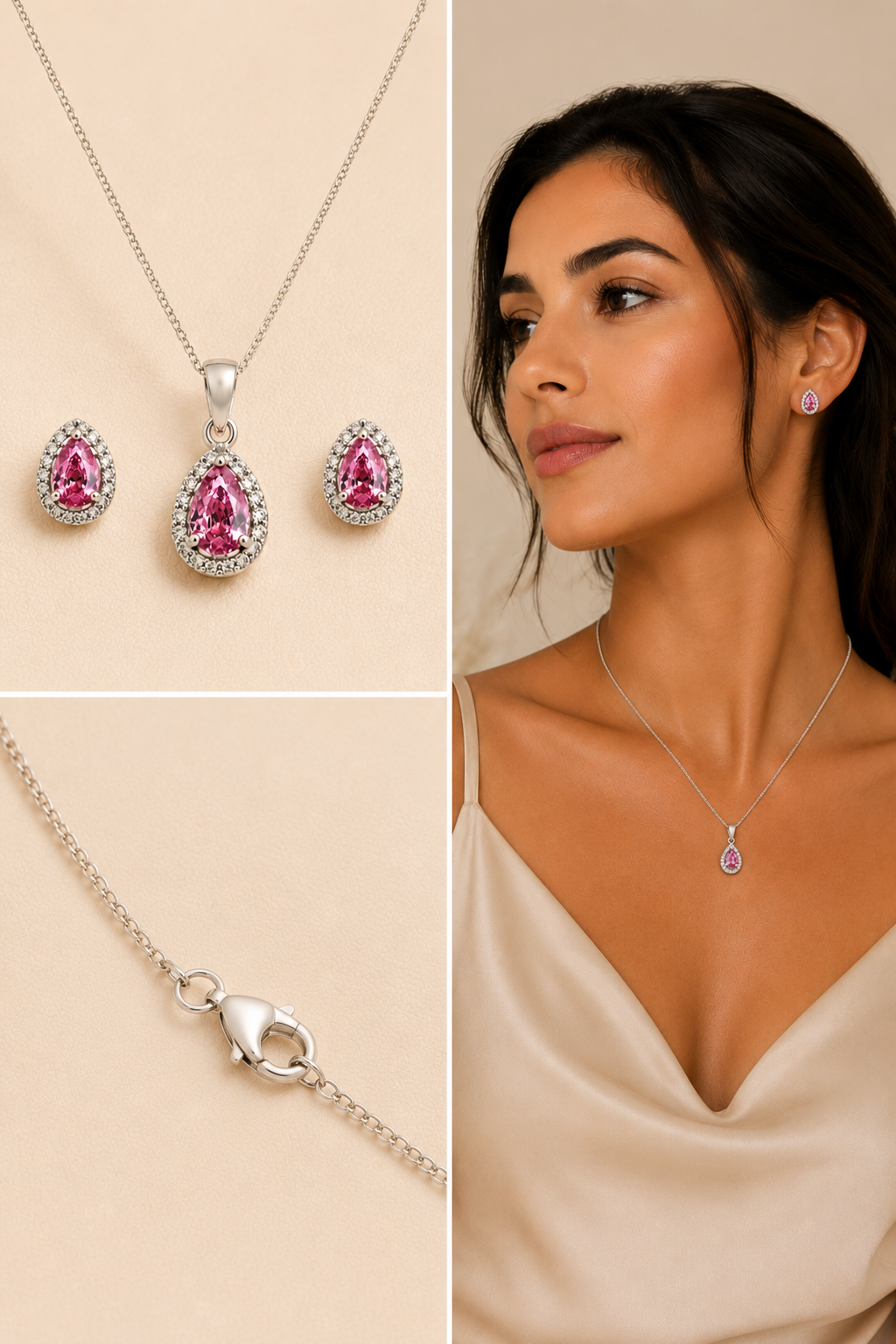 Lifestyle collage featuring a sterling silver pink pear halo jewelry set with matching stud earrings, close-up lobster clasp detail, and an olive-skinned woman wearing the necklace and earrings against a soft cream background.