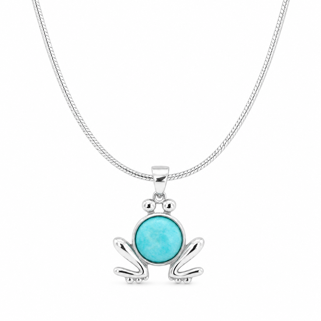 Discover the Sterling Silver Amazonite Frog Necklace by Mancerat. Featuring a genuine round amazonite gemstone on a polished sterling silver chain, this playful nature-inspired pendant is perfect for everyday wear and thoughtful gifting.