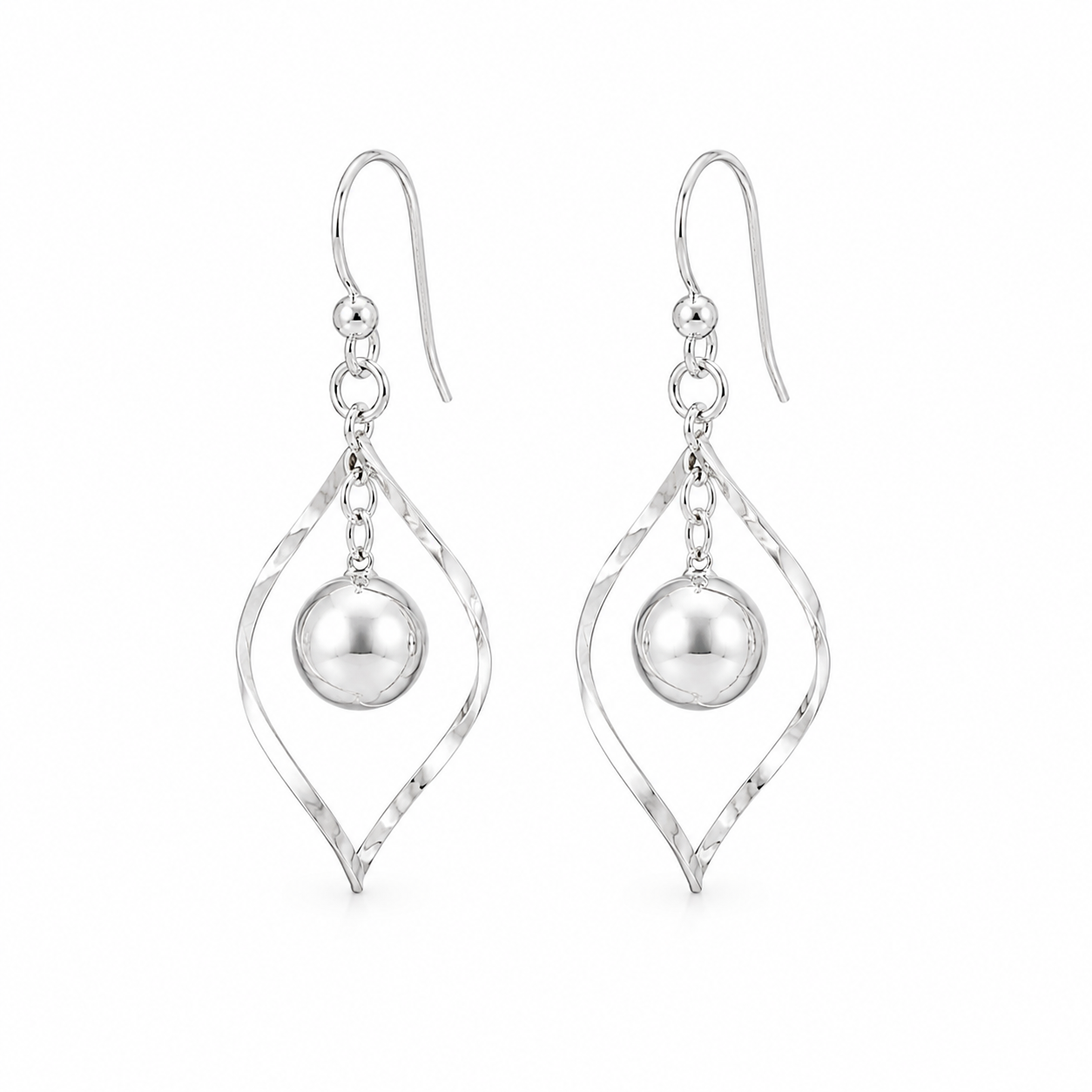 Elegant 925 sterling silver drop earrings featuring a polished silver bead suspended within a modern twisted open frame. Lightweight, timeless, and perfect for everyday wear.