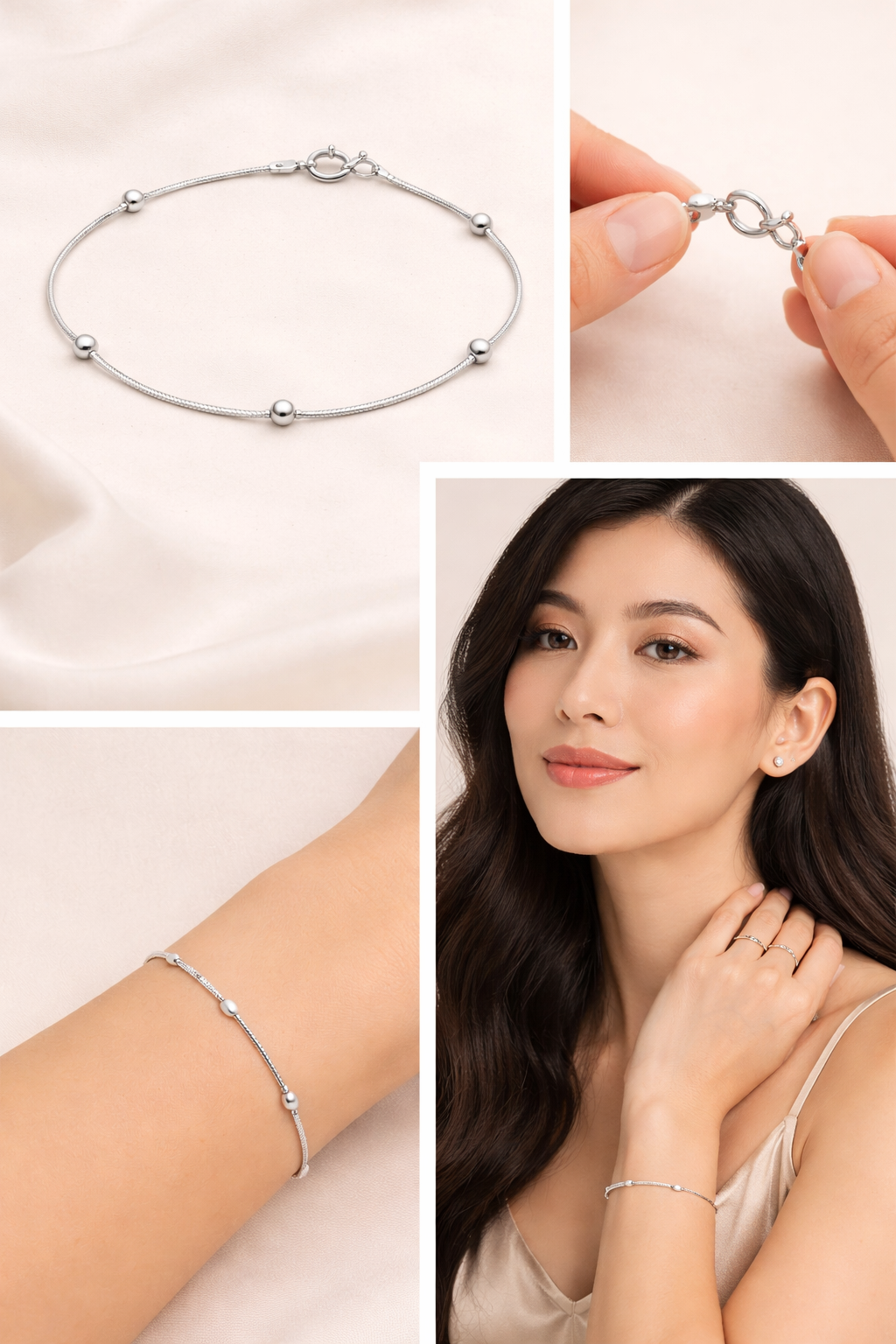 Sterling Silver Beaded Station Bracelet (7.25”, 1 mm)