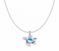 Sterling silver sea turtle necklace with blue, pink, and white lab-created opal on an 18-inch sterling silver snake chain.