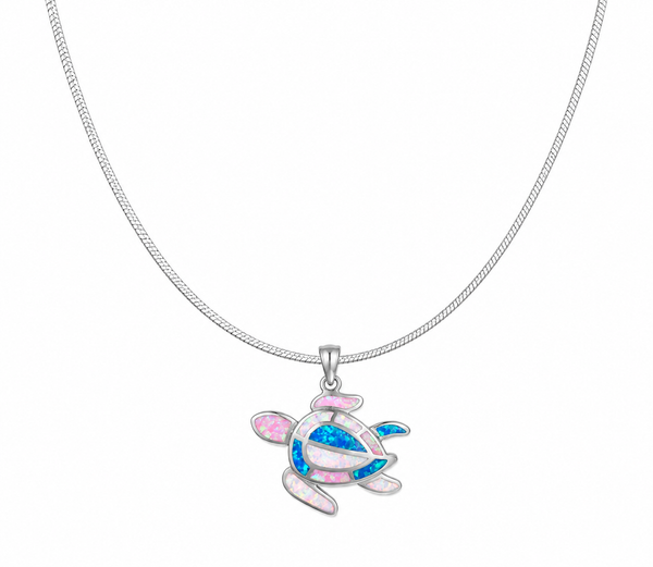 Sterling silver sea turtle necklace with blue, pink, and white lab-created opal on an 18-inch sterling silver snake chain.