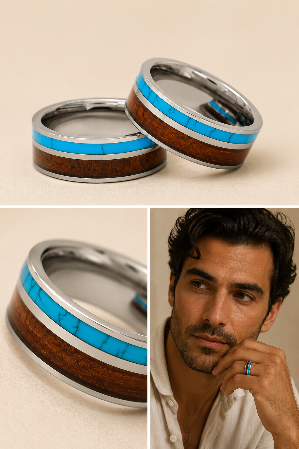 Men’s silver ring with turquoise and koa wood inlay on soft beige background