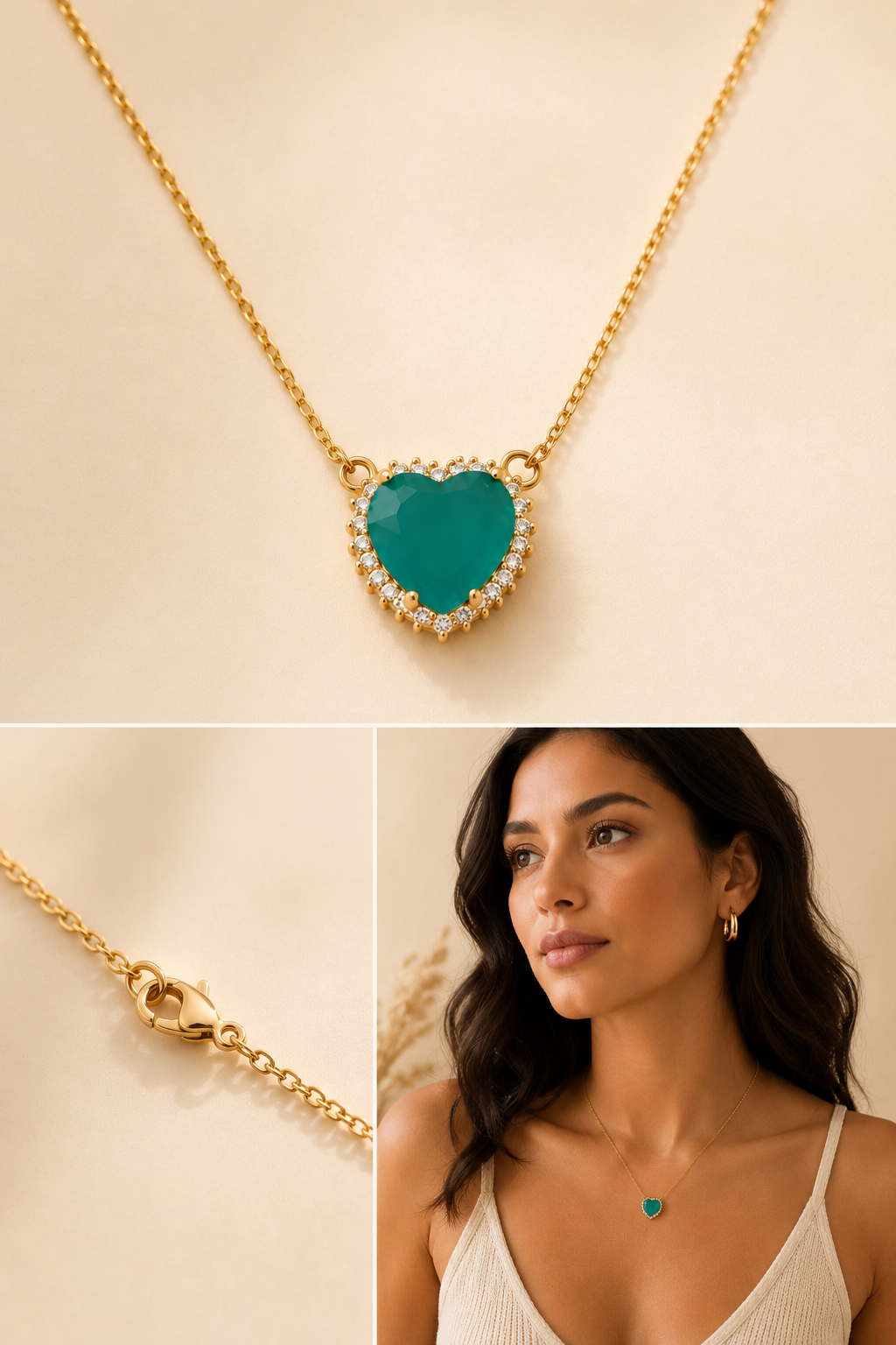 Gold filled necklace featuring a teal heart gemstone pendant surrounded by a sparkling halo, shown in a product collage with a close-up of the lobster clasp and a medium tan woman wearing the necklace against a soft cream background.
