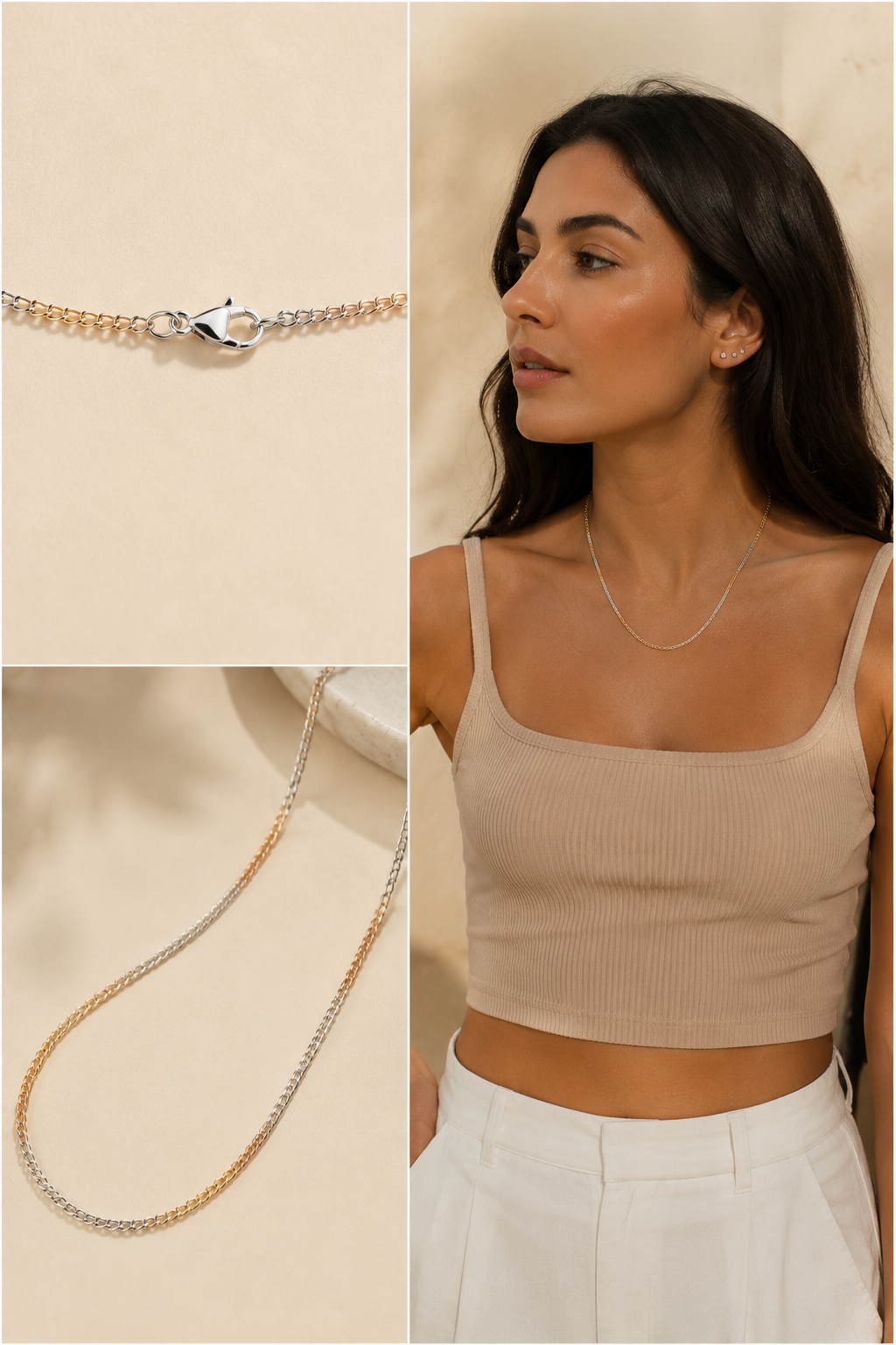 Three tone sterling silver cable chain necklace featuring yellow gold, white silver, and rose gold links, shown with a close-up of the lobster clasp and worn by an olive-skinned woman against a soft beige background.