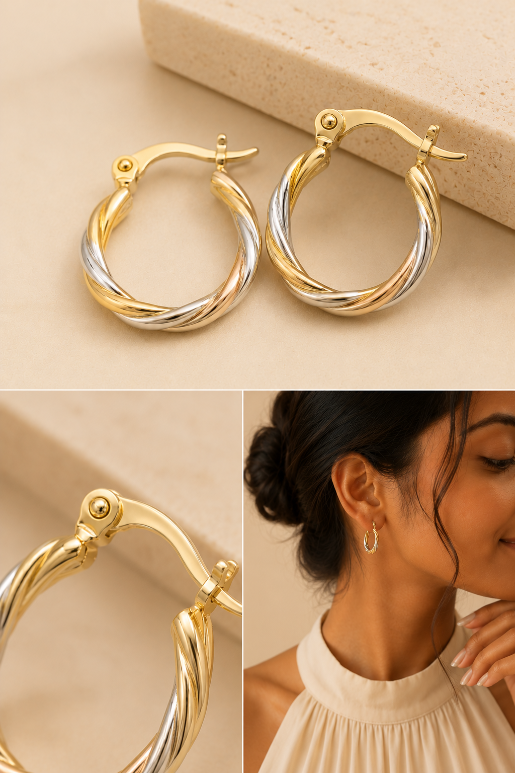 Three-panel collage featuring small tricolor gold filled hoop earrings with a diamond cut twisted finish. Includes a product view on a cream background, a close-up of the hinged clasp, and a lifestyle image of a woman wearing the earrings with an elegant cream top.