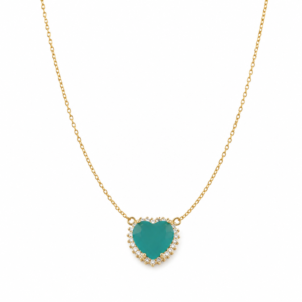 14K gold filled heart pendant necklace with a turquoise enamel center and cubic zirconia halo on a delicate gold chain, displayed on a white background.