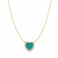 14K gold filled heart pendant necklace with a turquoise enamel center and cubic zirconia halo on a delicate gold chain, displayed on a white background.