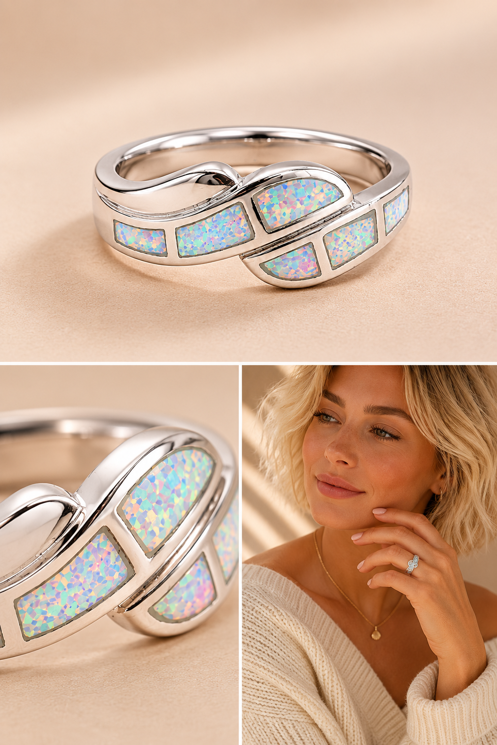 Silver wave ring with iridescent white synthetic opal shown in product and lifestyle photography