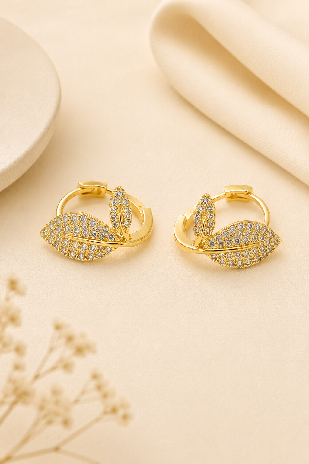 Golden Leaf CZ Hoop Earrings – Sterling Silver