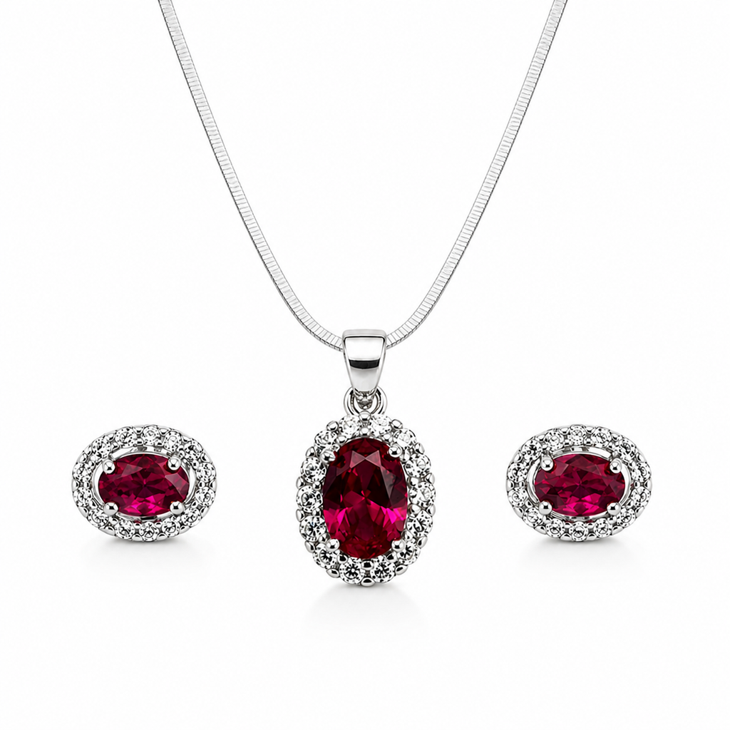 Mancerat Ruby Halo Jewelry Set – Sterling Silver (Pendant & Earrings)