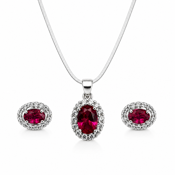 Mancerat Ruby Halo Jewelry Set – Sterling Silver (Pendant & Earrings)