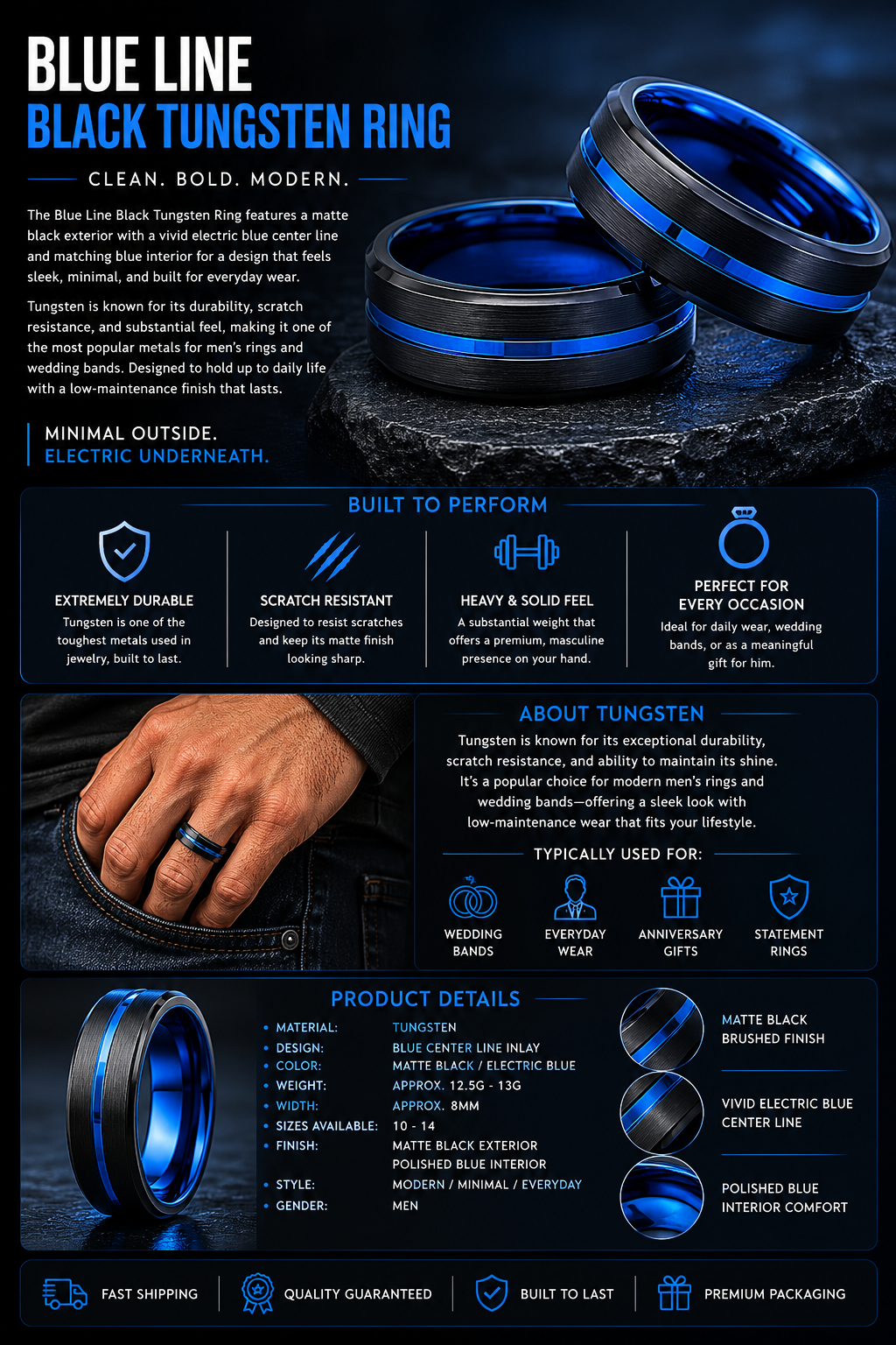 Blue Line Black Tungsten Ring