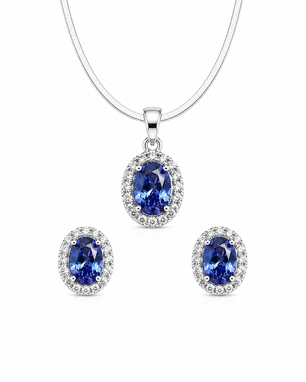 Mancerat Tanzanite Halo Jewelry Set – Sterling Silver (Pendant & Earrings)