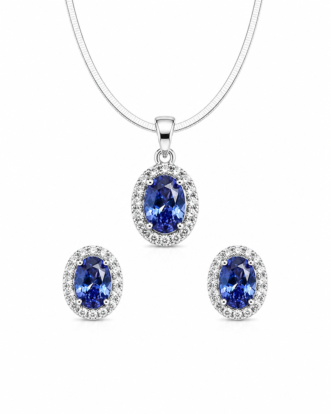 Mancerat Tanzanite Halo Jewelry Set – Sterling Silver (Pendant & Earrings)