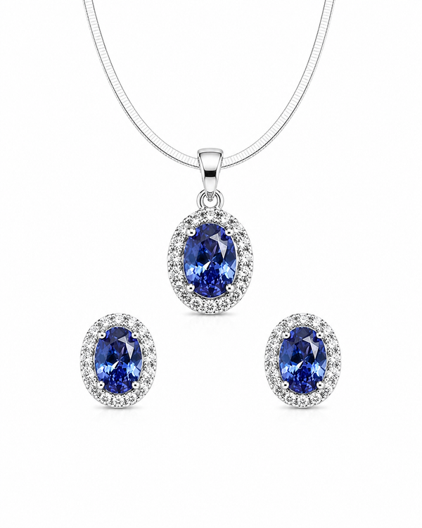 Mancerat Tanzanite Halo Jewelry Set – Sterling Silver (Pendant & Earrings)
