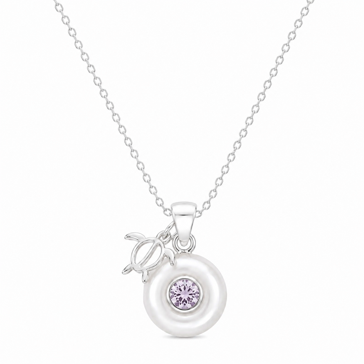 Sterling silver Birthstone Turtle Necklace with genuine pearl and June alexandrite birthstone.